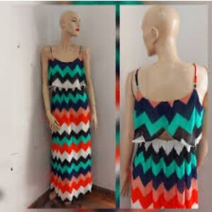 St. Tropez Green and Orange Spaghetti Strap Maxi Dress